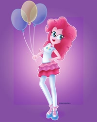 Size: 1600x2000 | Tagged: safe, artist:underratedhero, pinkie pie, equestria girls, g4, my little pony equestria girls: better together, balloon, clothes, cute, diapinkes, female, hand on hip, happy, miniskirt, rah rah skirt, simple background, skirt, solo