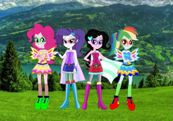 Size: 1111x777 | Tagged: safe, artist:karalovely, artist:selenaede, pinkie pie, rainbow dash, rarity, oc, oc:kara lovely, equestria girls, g4, alternate hairstyle, barbie, barbie: princess power, barely eqg related, base used, boots, cape, clothes, crossed arms, crossover, domino mask, hairstyle, hand on hip, high heel boots, high heels, looking at you, mask, ponytail, shoes, superhero, wings