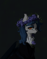Size: 6000x7500 | Tagged: safe, artist:astroid, oc, oc only, oc:midnight measure, bat pony, bust, commission, ear fluff, flower, flower in hair, glasses, looking at you, portrait, rose, rule 63, smiling, wreath, ych result