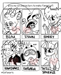 Size: 979x1200 | Tagged: safe, artist:heartbombart, twilight sparkle, deer, frog, human, pony, unicorn, anthro, g4, angry, animal crossing, anthro with ponies, bust, clothes, crossover, denki kaminari, female, hat, issun, lineart, male, mare, monochrome, my hero academia, okami, poké ball, pokémon, sgt. frog, six fanarts, thumbs up, unicorn twilight