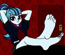 Size: 936x792 | Tagged: safe, artist:thatradhedgehog, sonata dusk, equestria girls, g4, barefoot, base used, cute, feet, female, fetish, foot fetish, foot focus, relaxing, sitting, soles, solo, toes