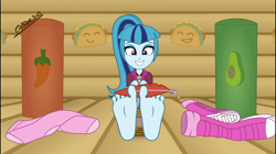 Size: 1286x720 | Tagged: safe, artist:cesar3o0, sonata dusk, equestria girls, g4, barefoot, bondage, boots, clothes, feather, feet, female, fetish, food, foot fetish, foot focus, rope, shoes, show accurate, socks, soles, taco, tickle fetish, tickling, toes