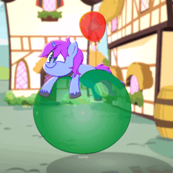 Size: 1300x1300 | Tagged: safe, artist:metalface069, oc, oc only, oc:mobian, pony, unicorn, animated, balloon, balloon fetish, balloon riding, bouncing, commission, cute, derp, fetish, frame by frame, gif, male, party balloon, ponyville, smiling, stallion, that pony sure does love balloons, unshorn fetlocks, ych result