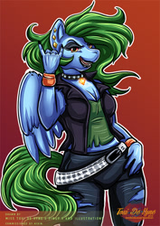 Size: 550x778 | Tagged: safe, artist:toxi de vyne, oc, oc only, pegasus, anthro, clothes, collar, commission, devil horn (gesture), digital art, ear piercing, female, jacket, leather jacket, piercing, punk, rock (music), rock n' roll, rocker, solo, tail, wings