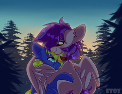 Size: 2600x2000 | Tagged: safe, artist:etoz, oc, oc only, oc:gaby, oc:spore, earth pony, pegasus, pony, blushing, collar, commission, cute, earth pony oc, female, forest, happy, high res, hug, male, mare, pegasus oc, sky, smiling, stallion, tree, wings