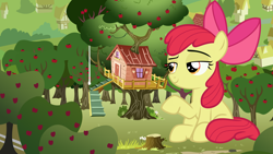 Size: 3840x2160 | Tagged: safe, artist:dipi11, artist:sollace, edit, editor:jaredking779, apple bloom, earth pony, pony, g4, apple, apple bloom's bow, apple tree, bow, clubhouse, crusaders clubhouse, female, filly, giant pony, giant/macro earth pony, giantess, hair bow, high res, macro, raised hoof, sitting, solo, tree, tree stump