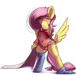 Size: 3000x3000 | Tagged: safe, artist:skitsroom, fluttershy, pegasus, pony, g4, bipedal, blanket, blushing, clothes, cute, eyes closed, female, high res, hoof over mouth, mare, pajamas, shyabetes, simple background, socks, solo, white background, yawn