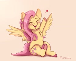 Size: 2855x2307 | Tagged: safe, artist:miokomata, fluttershy, pegasus, pony, g4, blushing, chest fluff, colored hooves, cute, eyes closed, female, floating heart, freckles, freckleshy, heart, high res, mare, open mouth, pink background, shyabetes, simple background, sitting, smiling, solo, underhoof