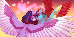 Size: 3000x1500 | Tagged: safe, artist:uunicornicc, rainbow dash, twilight sparkle, alicorn, pony, g4, colored wings, female, lesbian, multicolored wings, ship:twidash, shipping, twilight sparkle (alicorn), wings