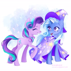 Size: 4096x4096 | Tagged: safe, artist:greyredroy, starlight glimmer, trixie, pony, unicorn, g4, cape, clothes, duo, duo female, eyes closed, female, hat, mare, open mouth, open smile, smiling, trixie's cape, trixie's hat