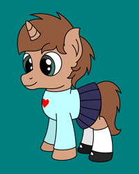 Size: 2000x2500 | Tagged: safe, artist:peternators, oc, oc only, oc:heroic armour, pony, unicorn, clothes, colt, crossdressing, high res, male, mary janes, shoes, simple background, skirt, socks, solo, sweater