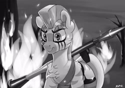 Size: 4037x2851 | Tagged: safe, artist:asme, derpibooru exclusive, zebra, g4, black and white, chest fluff, chin fluff, clothes, female, fire, grayscale, high res, mare, mohawk, monochrome, reflection, rocket launcher, rpg-7, scenery, solo, stockings, thigh highs, tree, weapon