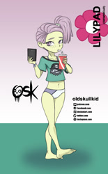 Size: 984x1592 | Tagged: safe, artist:oldskullkid, lily pad (equestria girls), equestria girls, barefoot, belly button, bikini, blushing, cellphone, clothes, drinking, drinking straw, feet, midriff, older, phone, short shirt, smartphone, swimsuit