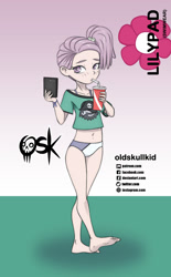 Size: 984x1592 | Tagged: safe, alternate version, artist:oldskullkid, lily pad (g4), human, g4, barefoot, belly button, bikini, blushing, cellphone, clothes, drinking, drinking straw, feet, humanized, light skin, midriff, phone, short shirt, smartphone, solo, swimsuit, younger