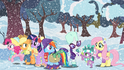 Size: 1920x1080 | Tagged: safe, artist:sirgarchomp45, applejack, fluttershy, pinkie pie, rainbow dash, rarity, spike, twilight sparkle, alicorn, dragon, earth pony, pegasus, pony, unicorn, g4, bag, clothes, earmuffs, holiday, mane seven, mane six, saddle bag, scarf, snow, snowfall, tree, twilight sparkle (alicorn), winged spike, wings, winter