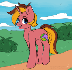 Size: 1237x1200 | Tagged: safe, artist:хлебушек, oc, oc only, oc:drew dru, pony, unicorn, full body, hooves, horn, male, open mouth, open smile, outdoors, smiling, solo, stallion, tail, two toned mane, two toned tail, unicorn oc