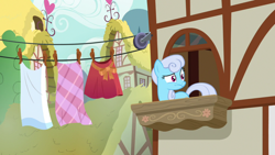 Size: 1920x1080 | Tagged: safe, screencap, linky, shoeshine, pony, g4, the big mac question, balcony, clothes, clothes line, female, solo, towel