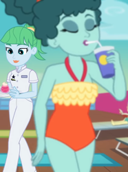 Size: 1536x2063 | Tagged: safe, screencap, leafy mint, sweet smoothie, equestria girls, equestria girls specials, g4, my little pony equestria girls: better together, my little pony equestria girls: spring breakdown, background human, clothes, cropped, drinking, female, milf, orange swimsuit, solo focus, swimsuit