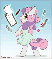 Size: 1200x1350 | Tagged: safe, artist:symbianl, sweetie belle, pony, unicorn, animated, anime style, bipedal, clipboard, cute, cute little fangs, diasweetes, female, filly, frog (hoof), gif, glowing horn, horn, levitation, looking at you, looking back, looking back at you, magic, magic aura, medicine, nurse outfit, open mouth, pen, pills, solo, sweetie belle's magic brings a great big smile, tape, telekinesis, thermometer, underhoof