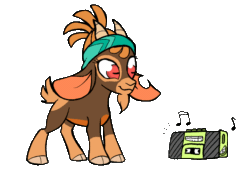 Size: 720x540 | Tagged: safe, artist:khenlos, shanty (tfh), goat, them's fightin' herds, animated, bandana, boombox, cloven hooves, community related, female, floppy ears, gif, headbang, limewire, meme, music, music notes, pirate, rectangular pupil, simple background, solo, transparent background