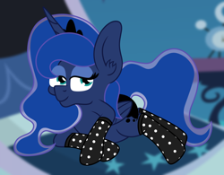 Size: 1400x1090 | Tagged: safe, artist:puperhamster, princess luna, alicorn, pony, g4, bedroom, bedroom eyes, clothes, ear fluff, female, horn, looking at you, lying down, mare, socks, solo