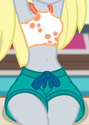 Size: 818x1145 | Tagged: safe, screencap, derpy hooves, equestria girls, g4, i'm on a yacht, my little pony equestria girls: better together, belly, belly button, boobshot, clothes, cropped, female, midriff, pictures of bellies, pictures of chests, sexy, shorts, sleeveless, slender, swimming trunks, swimsuit, tankini, thin, upscaled