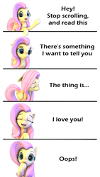 Size: 540x960 | Tagged: safe, artist:enginebullet, fluttershy, pegasus, pony, g4, 3d, bronybait, cute, female, fourth wall, looking at you, oops, shyabetes, simple background, solo, source filmmaker, talking to viewer, text, white background