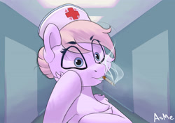 Size: 4037x2851 | Tagged: safe, artist:asme, derpibooru exclusive, nurse redheart, earth pony, pony, g4, cheek fluff, chest fluff, cigarette, clothes, cutie mark on clothes, door, eye clipping through hair, female, hat, high res, indoors, mare, muzzle fluff, signature, smoke, smoking, solo