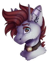 Size: 1650x2000 | Tagged: safe, artist:leawarriors, oc, oc only, oc:aiko, pony, bell, bell collar, cheek fluff, chest fluff, collar, ear piercing, earring, freckles, horns, jewelry, piercing, simple background, solo, transparent background