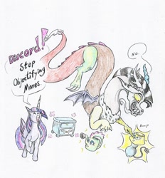 Size: 1024x1102 | Tagged: safe, artist:grimmyweirdy, discord, twilight sparkle, alicorn, draconequus, pony, g4, boop, drawer, grin, inanimate tf, lamp, objectification, pun, screaming, smiling, traditional art, transformation, twilight sparkle (alicorn), watering can