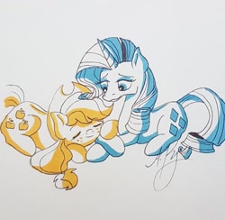 Size: 856x836 | Tagged: safe, artist:galaxy.in.mind, applejack, rarity, earth pony, pony, unicorn, g4, duo, eyes closed, female, hat, lesbian, limited palette, lying down, mare, prone, ship:rarijack, shipping, signature, traditional art