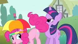 Size: 640x360 | Tagged: safe, screencap, pinkie pie, twilight sparkle, earth pony, pony, unicorn, feeling pinkie keen, g4, female, hat, mare, needs more jpeg, out of context, tail, tail on face, umbrella hat, unicorn twilight