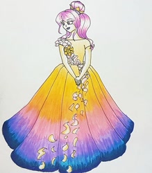 Size: 775x883 | Tagged: safe, artist:galaxy.in.mind, princess celestia, human, g4, clothes, dress, female, gown, humanized, long dress, pink-mane celestia, solo, traditional art