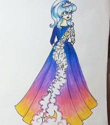 Size: 749x853 | Tagged: safe, artist:galaxy.in.mind, princess luna, human, g4, arm behind back, clothes, dress, female, gown, humanized, jewelry, long dress, solo, tiara, traditional art