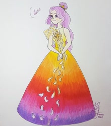 Size: 936x1066 | Tagged: safe, artist:galaxy.in.mind, princess celestia, human, g4, clothes, dress, female, flower, gown, humanized, long dress, pink-mane celestia, redraw, signature, smiling, solo, traditional art