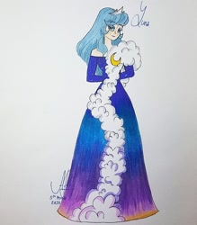 Size: 948x1080 | Tagged: safe, artist:galaxy.in.mind, princess luna, human, g4, arm behind back, clothes, dress, female, gown, humanized, jewelry, long dress, redraw, signature, solo, tiara, traditional art