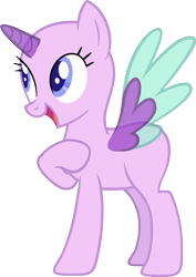 Size: 1048x1481 | Tagged: safe, artist:pegasski, oc, oc only, alicorn, pony, g4, the cutie map, alicorn oc, bald, base, eyelashes, female, hoof on chest, horn, looking away, mare, open mouth, raised hoof, simple background, smiling, solo, standing, transparent background, two toned wings, wings