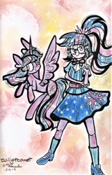 Size: 1280x1989 | Tagged: safe, artist:twilightcomet, sci-twi, twilight sparkle, alicorn, human, pony, equestria girls, g4, abstract background, clothes, duality, duo, female, glasses, human ponidox, mare, raised hoof, redraw, self ponidox, skirt, smiling, traditional art, twilight sparkle (alicorn), twolight