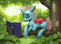 Size: 1600x1161 | Tagged: safe, artist:zevironmoniroth, ocellus, changedling, changeling, g4, book, bookbug, crossed hooves, cute, diaocelles, female, reading, smiling, solo, tree, tree branch