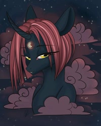 Size: 801x1001 | Tagged: safe, artist:_quantumness_, oc, oc only, pony, unicorn, bedroom eyes, bust, cloud, curved horn, horn, night, solo, stars, tattoo, unicorn oc