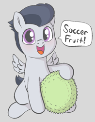 Size: 662x844 | Tagged: safe, artist:heretichesh, rumble, pegasus, pony, g4, blushing, colt, cute, dialogue, durian, excited, food, happy, male, rumblebetes, smiling, solo, text