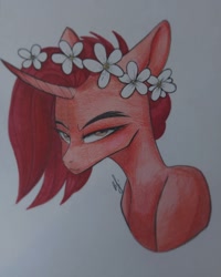Size: 1080x1350 | Tagged: safe, artist:_quantumness_, oc, oc only, pony, unicorn, bust, curved horn, floral head wreath, flower, horn, signature, solo, traditional art, unicorn oc