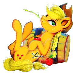 Size: 930x905 | Tagged: safe, artist:lailyren, applejack, earth pony, pony, g4, apple, barrel, braid, cowboy hat, female, food, hat, mare, obligatory apple, simple background, solo, straw in mouth, transparent background