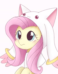 Size: 1622x2048 | Tagged: dead source, safe, artist:ginmaruxx, fluttershy, pony, g4, blushing, bust, clothes, cosplay, costume, crossover, cute, emiri katou, female, incubator (species), japanese, kyubey, kyubeyshy, mare, puella magi madoka magica, shyabetes, simple background, solo, voice actor joke, white background