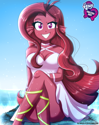 Size: 920x1160 | Tagged: safe, artist:the-butch-x, oc, oc only, oc:mezma, equestria girls, g4, breasts, butch's hello, cleavage, clothes, crossed legs, disguise, disguised siren, dress, equestria girls logo, female, legs, looking at you, sandals, schrödinger's pantsu, signature, sleeveless, smiling, solo, thighs