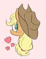 Size: 1480x1910 | Tagged: safe, artist:noupu, applejack, earth pony, pony, g4, apple, bust, cute, female, food, jackabetes, looking back, mare, no pupils, pink background, portrait, simple background, solo