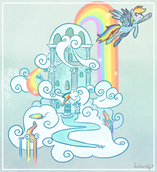 Size: 1280x1406 | Tagged: safe, artist:featherrfly, rainbow dash, pegasus, pony, g4, cloud, female, flying, mare, no pupils, rainbow, rainbow dash's house, solo, spread wings, wings