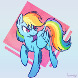 Size: 1000x1002 | Tagged: safe, artist:featherrfly, rainbow dash, pegasus, pony, g4, abstract background, chest fluff, dock, ear fluff, female, leg fluff, mare, no pupils, smiling, solo