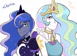 Size: 1660x1199 | Tagged: safe, artist:elioo, princess celestia, princess luna, canterlot boutique, equestria girls, g4, alternative cutie mark placement, bare shoulders, bust, clothes, crown, cutie mark accessory, cutie mark on human, dress, duo, ear piercing, earring, female, jewelry, looking at you, piercing, regalia, royal sisters, simple background, sisters, white background