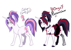 Size: 4093x2894 | Tagged: safe, artist:whalepornoz, oc, oc:cotton candy, oc:onyx ravenclaw, pony, unicorn, adopted offspring, alternate hair color, clothes, cutie mark, dress, dyed mane, eyeshadow, female, fishnet stockings, frown, goth, horn, horn piercing, jewelry, makeup, necklace, offspring, parent:sapphire shores, parent:sassy saddles, piercing, ponytail, simple background, transparent background